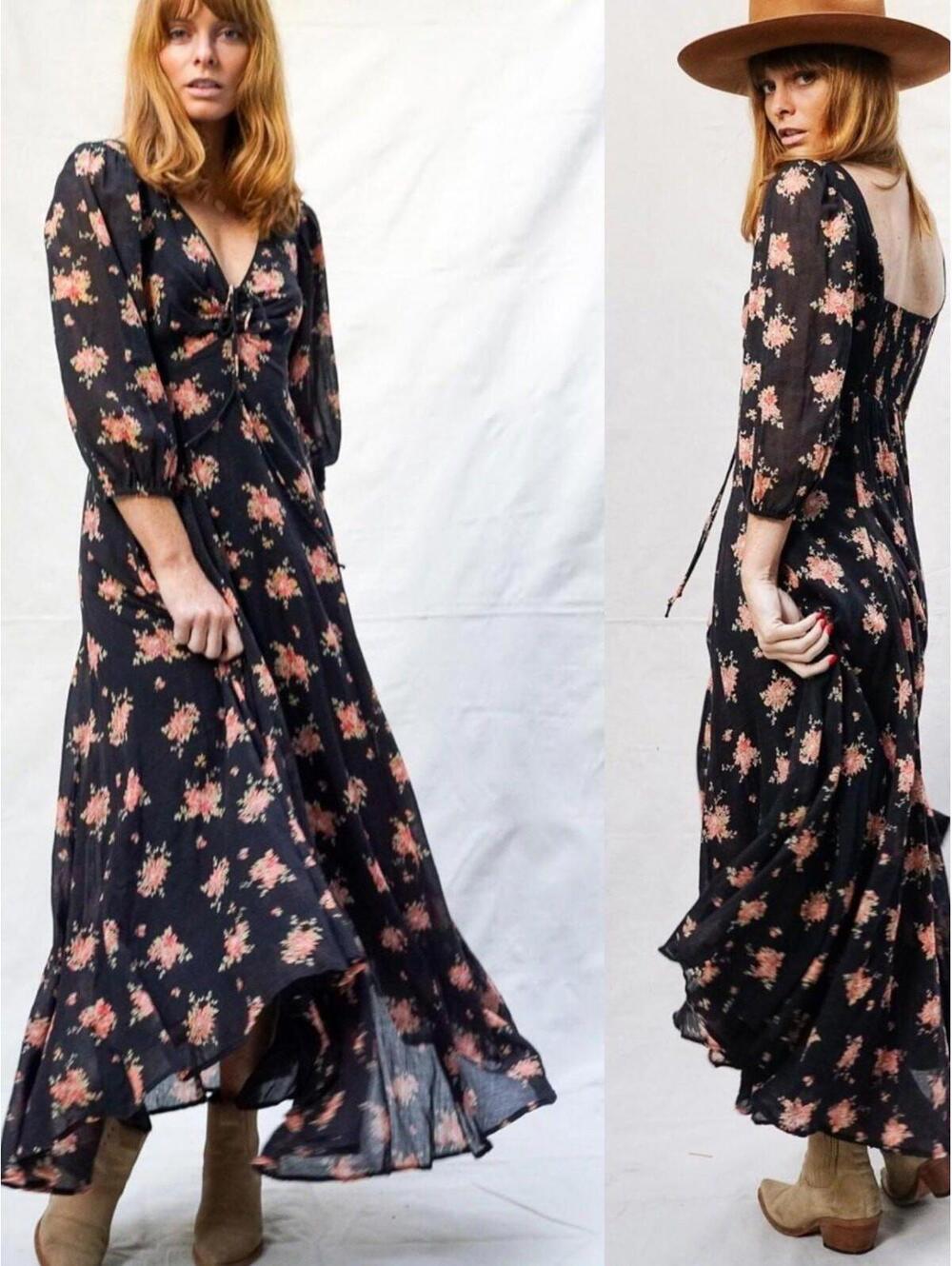 Free People Sea Glass Floral Midi Dress Sweetheart Handkerchief Hem Sz 4